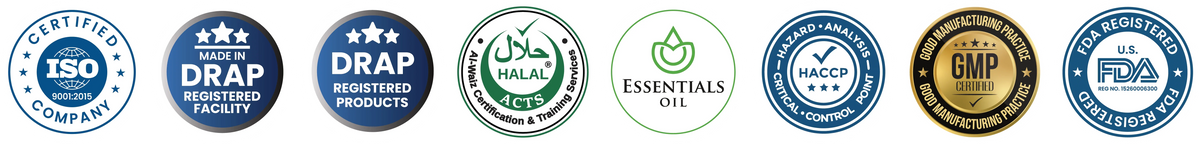 ISO, DRAP, Halal, Essentials Oil, HACCP, GMP, FDA registered certifications